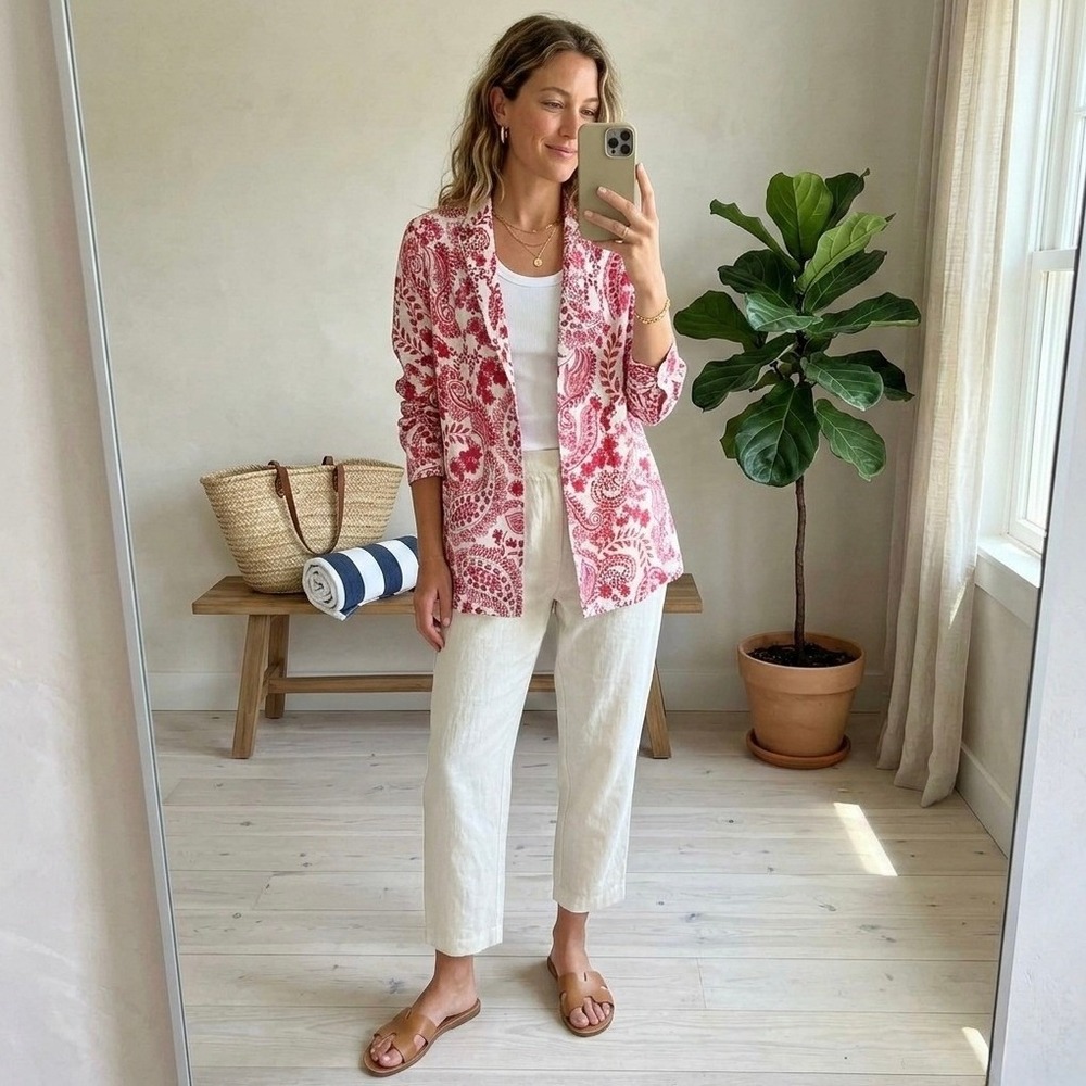 Johnny Was Pink & White Paisley Open-Front Blazer